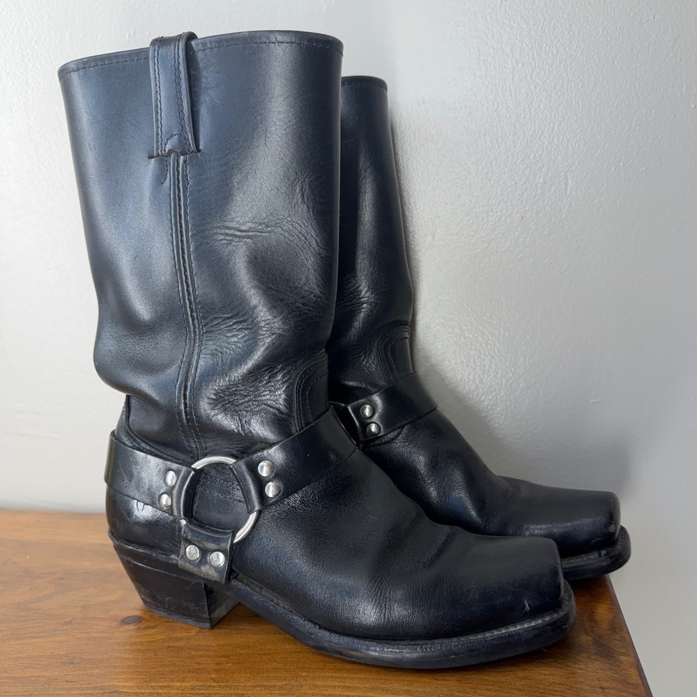 Frye Harness 12R Black Leather Square Toe Biker Boots Women US 8